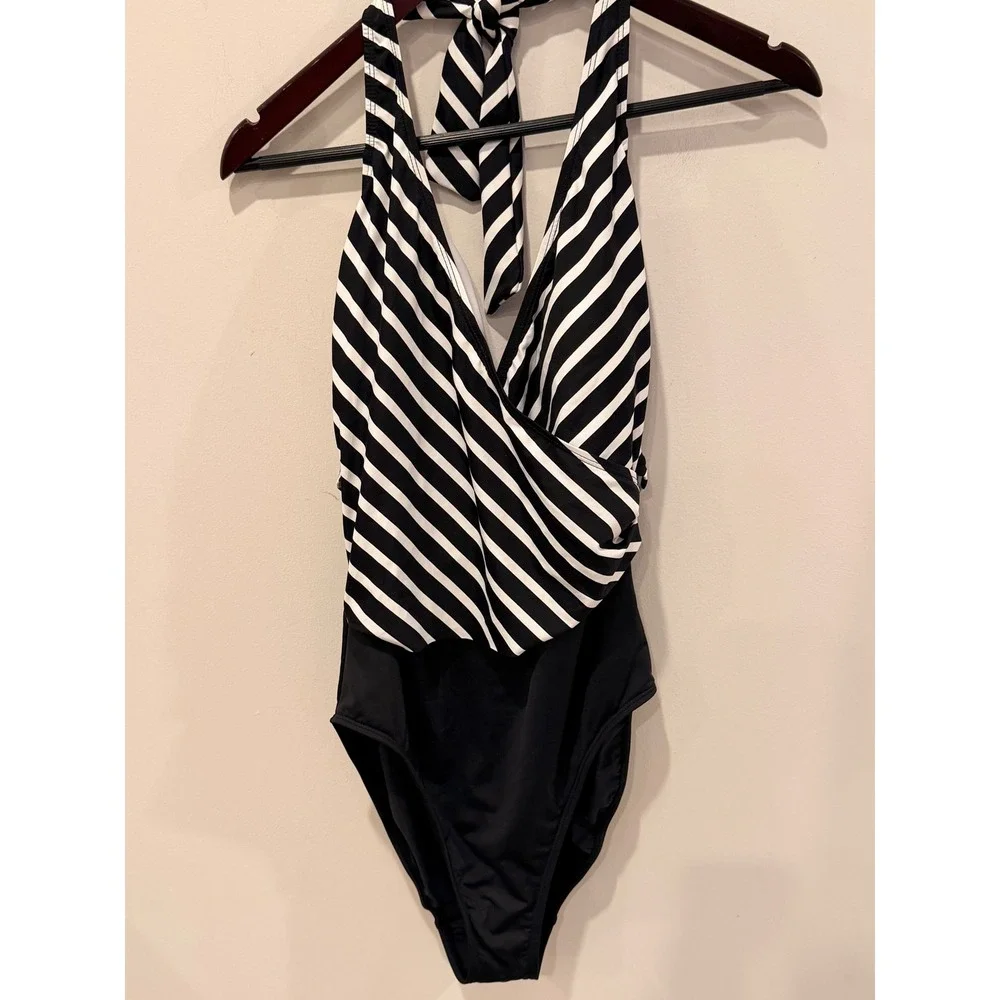Lauren Ralph Lauren Striped Halter One Piece Swimsuit Black White 12 LR9G12